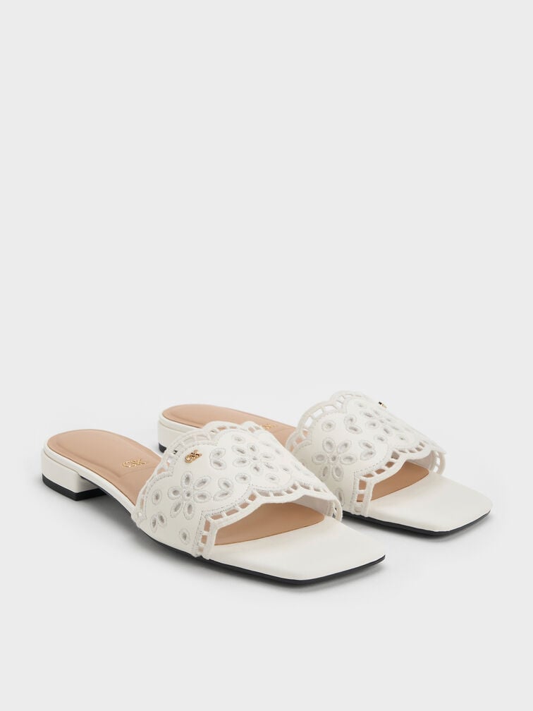 Sandal Selip Embroidered Leather, White, hi-res