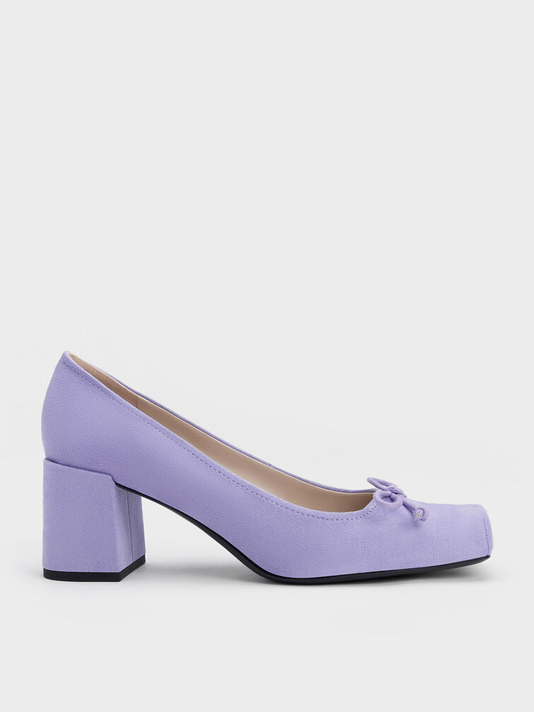 Sepatu Pumps Bow Square-Toe Textured, Purple, hi-res