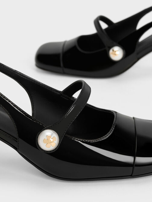 Sepatu Slingback Pumps Trapeze-Heel Patent Pearl Embellished, Black Patent, hi-res