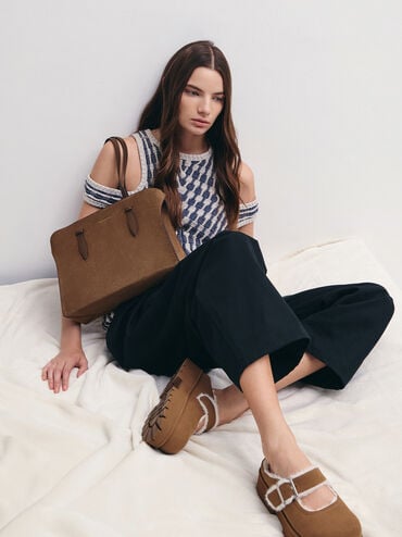 Tas Tote Elongated-Handle Allyn Recycled Suede, Mocha Brown, hi-res