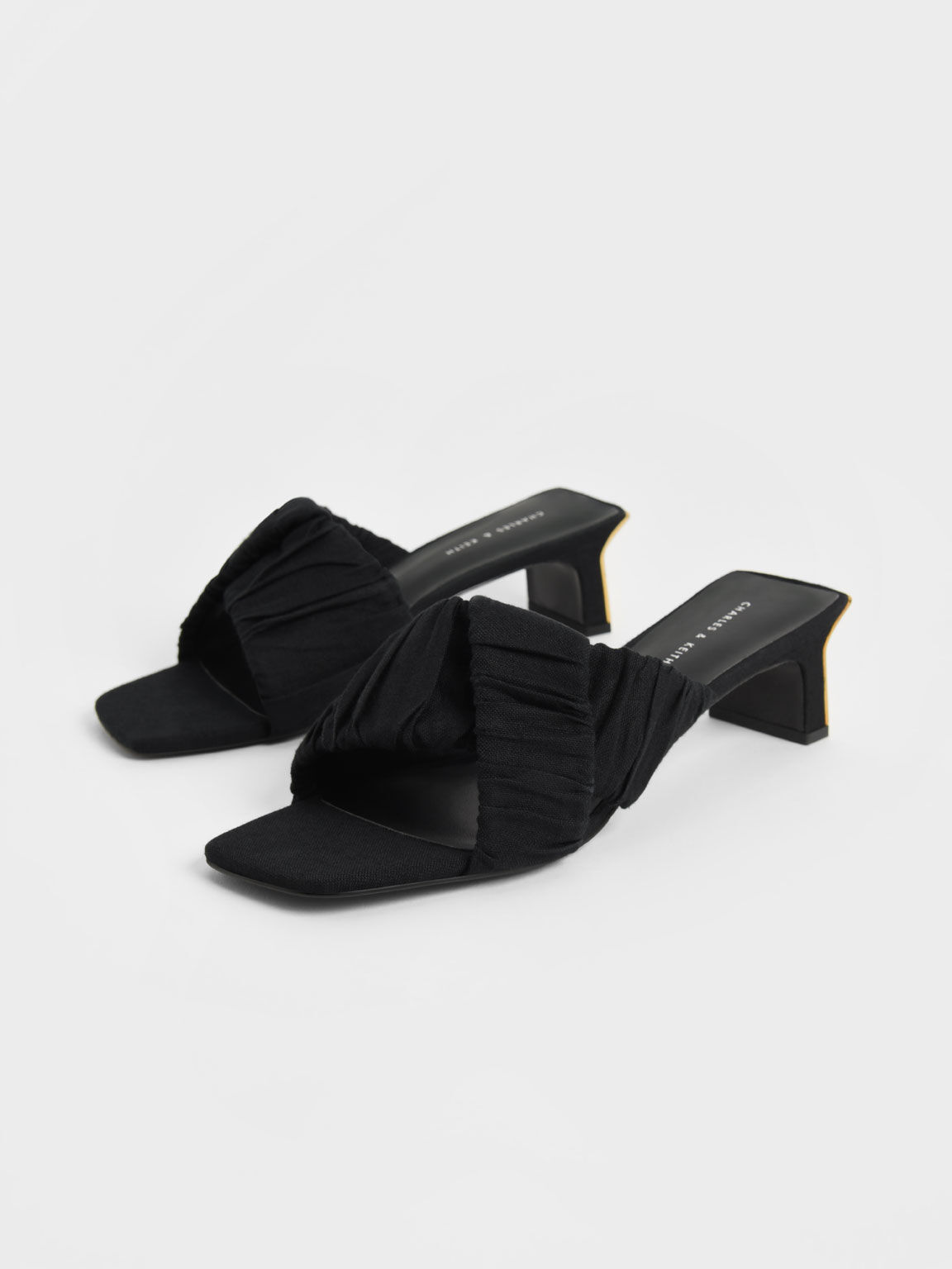 Sandal Mules Linen Asymmetric Ruched, Black, hi-res
