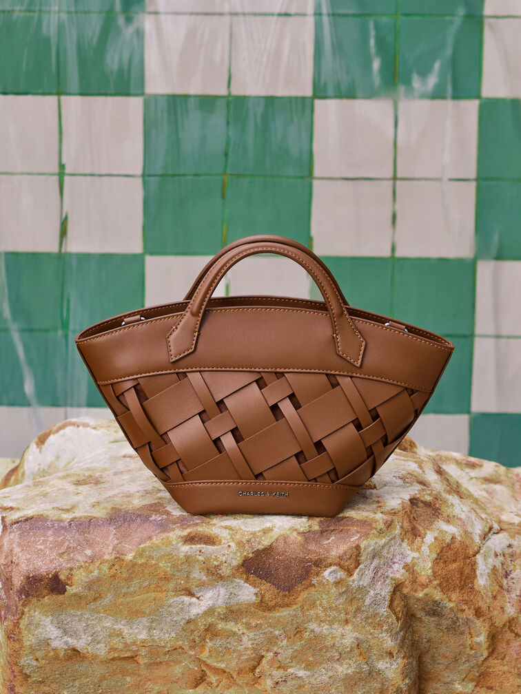 Tas Tote Ivanna Woven Mini, Chocolate, hi-res