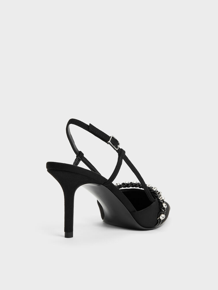 Faux Suede Crystal Slingback Pumps, Black Textured, hi-res