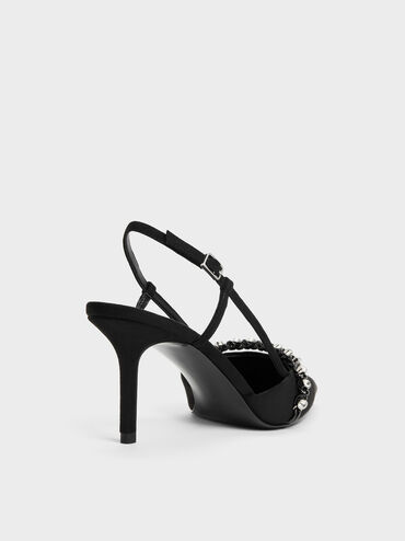 Faux Suede Crystal Slingback Pumps, Black Textured, hi-res