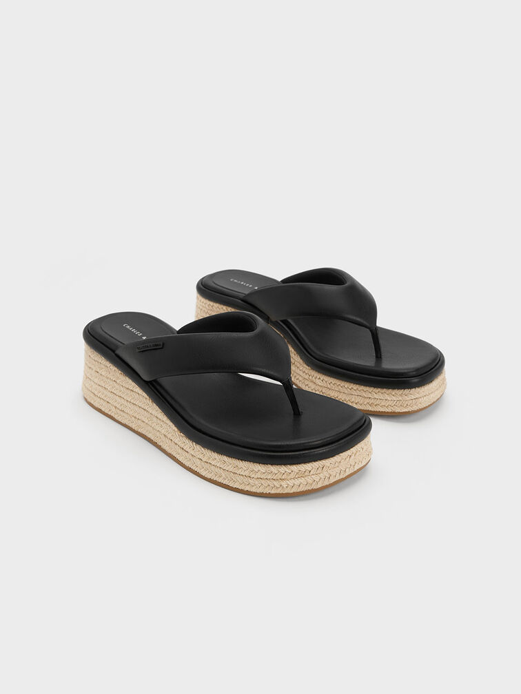 Espadrille Thong Sandals, Black, hi-res