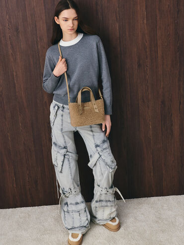 Tote Bag Double-Handle Shearling Shania Mini Faux, Nutmeg Beige, hi-res