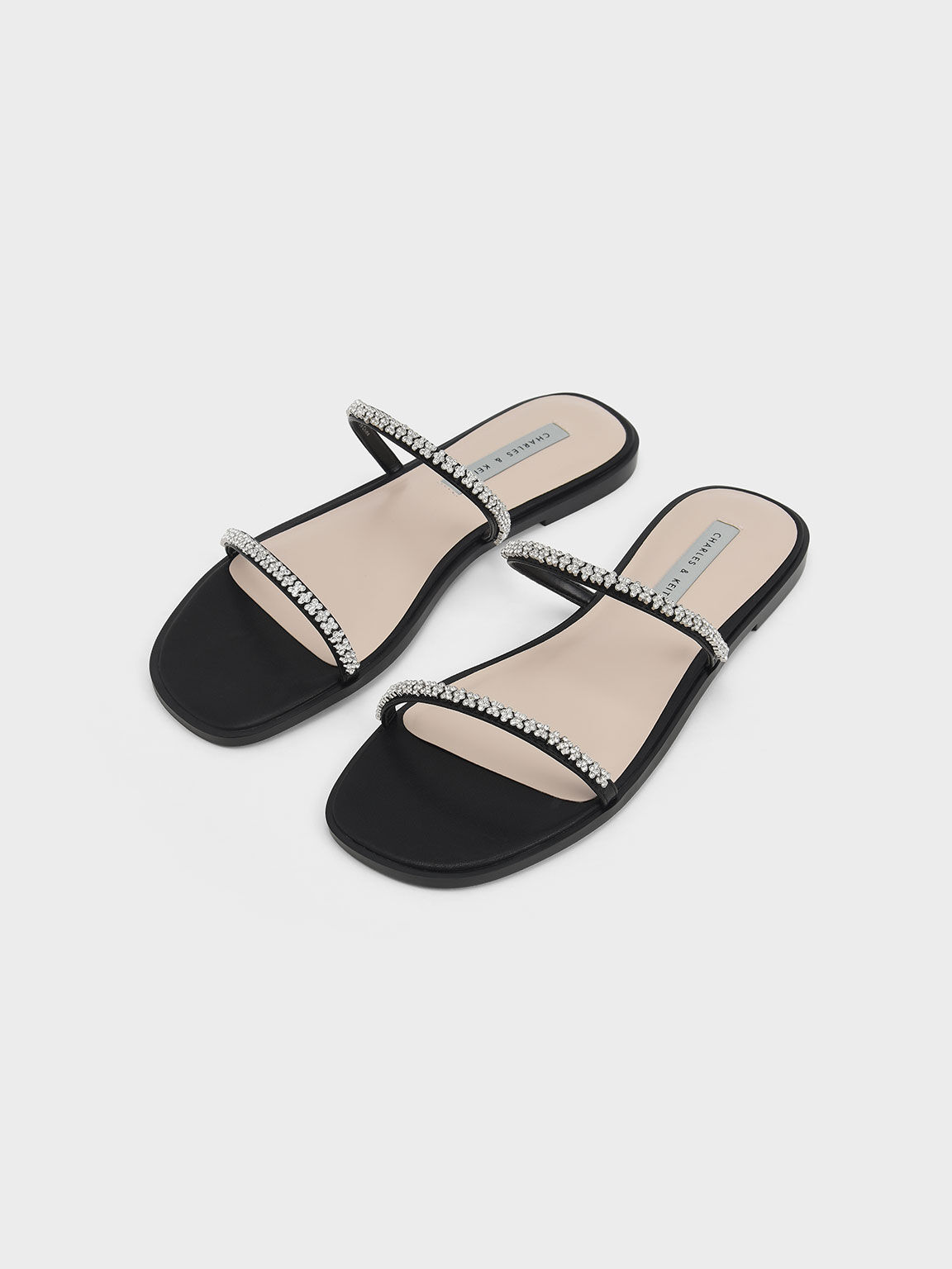 Gem-Encrusted Strappy Slide Sandals, Black, hi-res