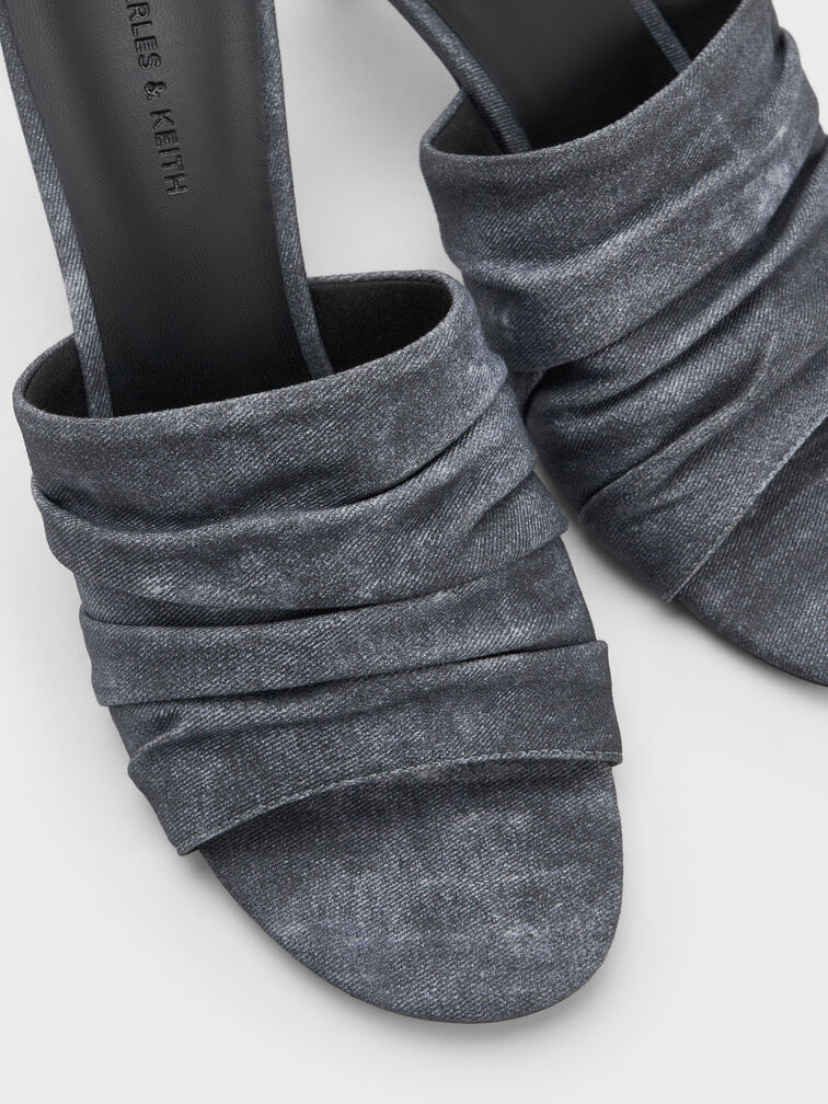Sepatu Mules Heeled Ruched Twill, Dark Blue, hi-res