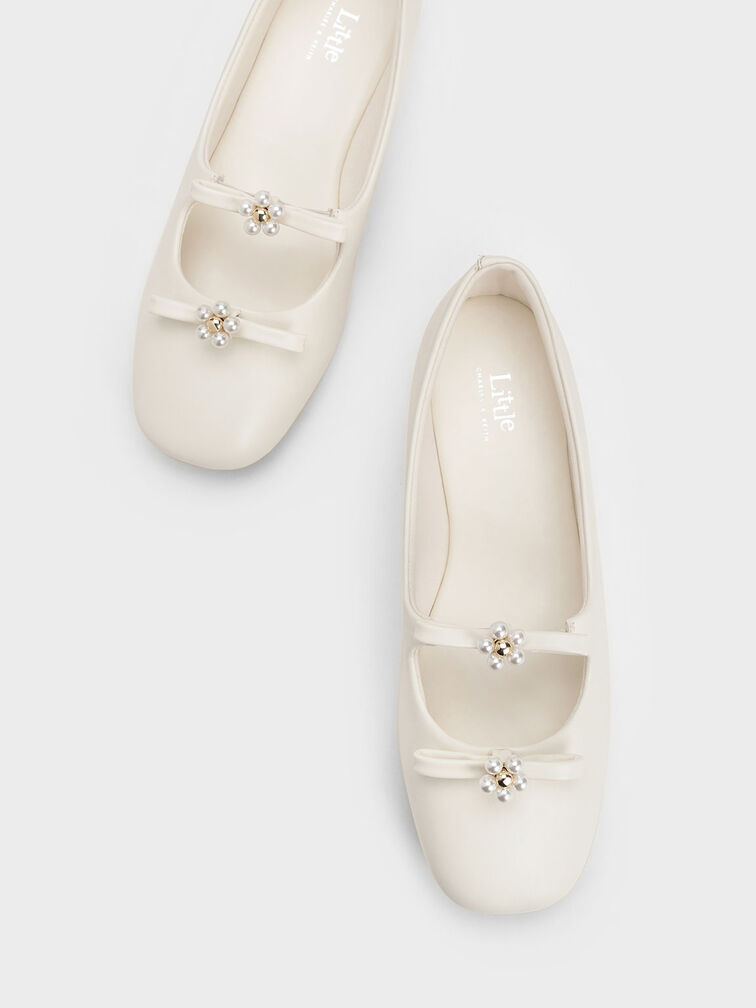 Sepatu Ballerina Girls' Floral Beaded, White, hi-res