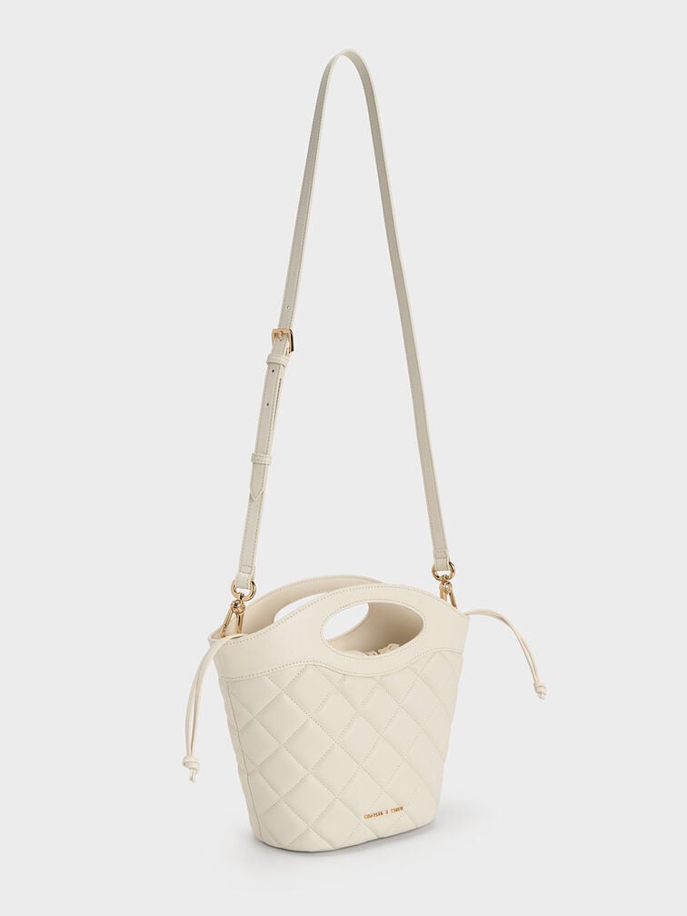 Tas Bucket Curved-Handle Quilted Chain-Link, Cream, hi-res