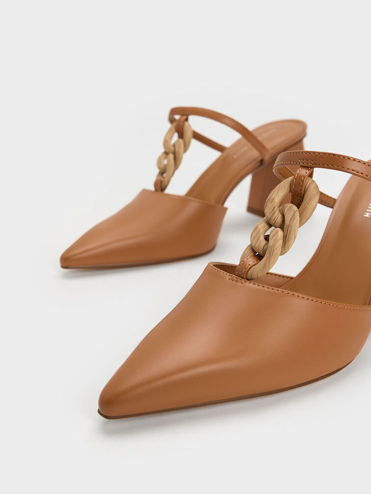 Chunky Chain-Link Heeled Mules, Camel, hi-res