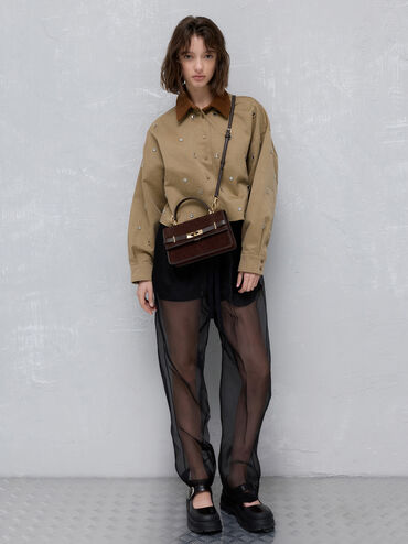 Tas Top Handle Belted Arlet Recycled Suede, Espresso Brown, hi-res