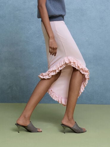 Sepatu Mules Heeled Glittered Mesh, Grey, hi-res