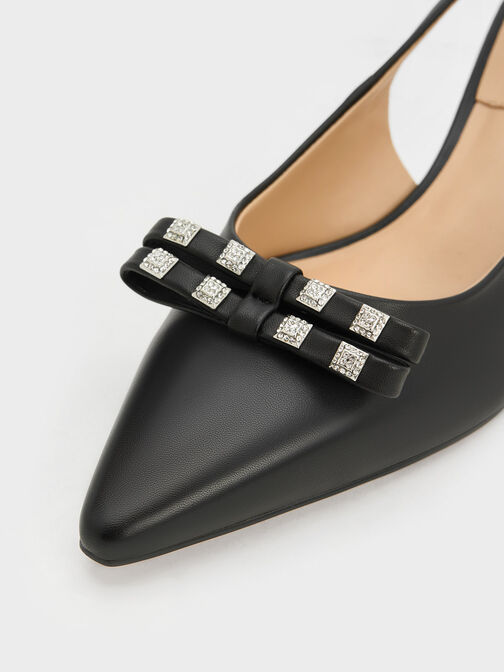 Sepatu Slingback Pumps Bow Crystal-Embellished Leather, Black, hi-res