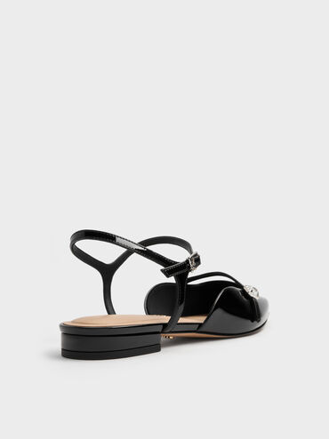 Patent Leather Gem-Buckle Pointed-Toe Ankle-Strap Flats, Black Patent, hi-res