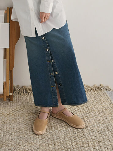 Sepatu Espadrilles Mary Jane Slip-On Faux Suede, Sand, hi-res