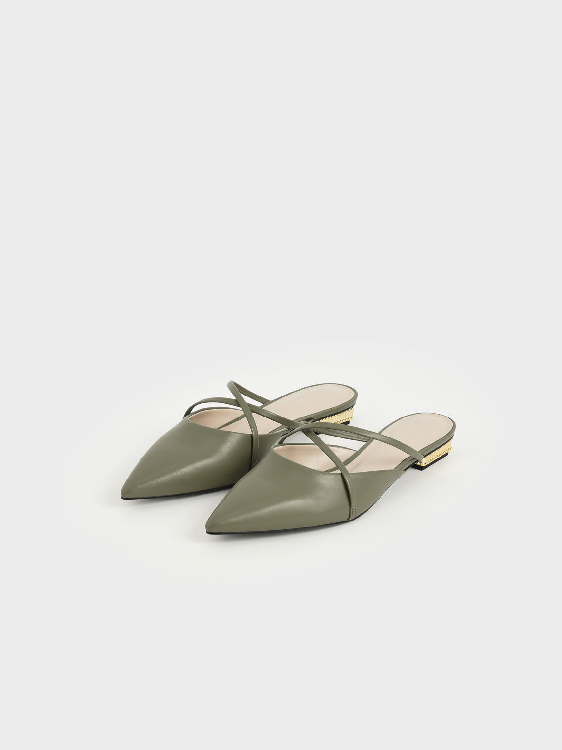 Sepatu Pointed Toe Cross Strap Mules, Olive, hi-res