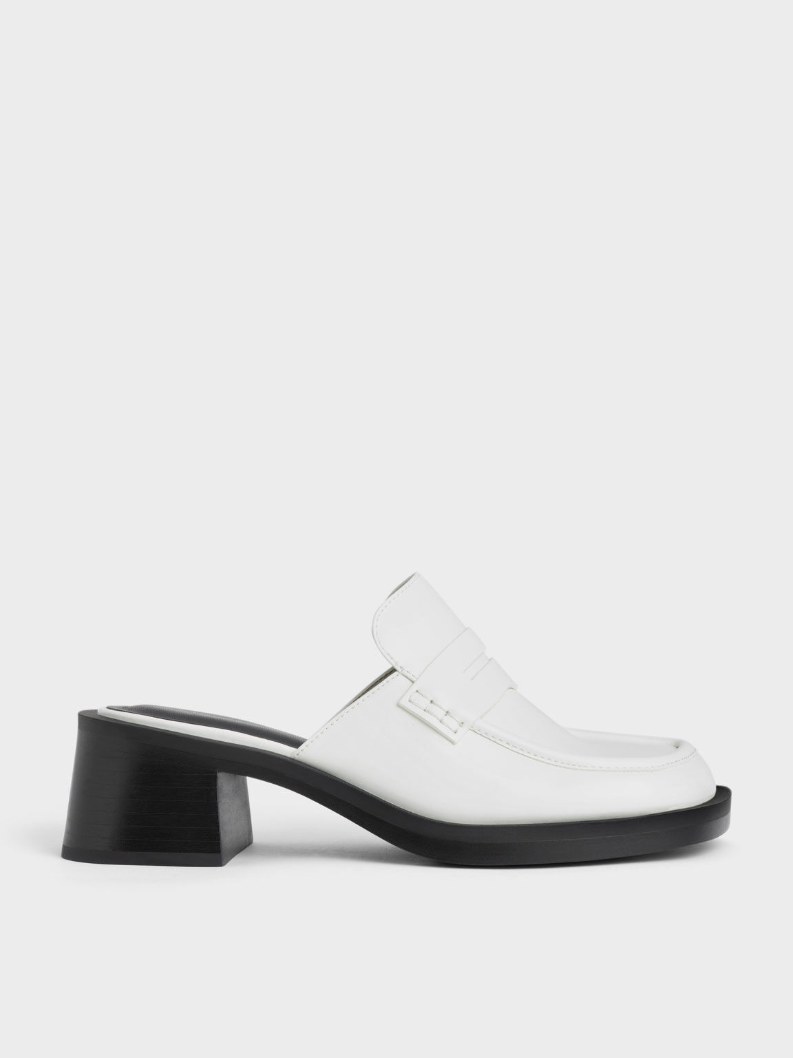 Penny Loafer Block Heel Mules, White, hi-res