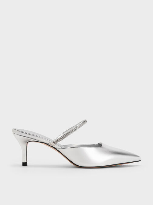 Sepatu Mules Pointed-Toe Braided-Strap Metallic, Silver, hi-res