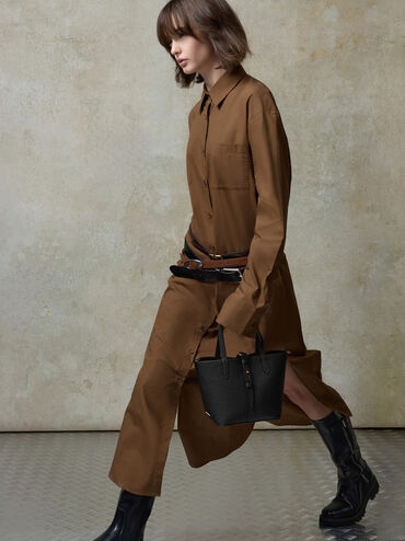 Tas Bucket Belted Double-Handle Recycled Leather Beryl, Black, hi-res