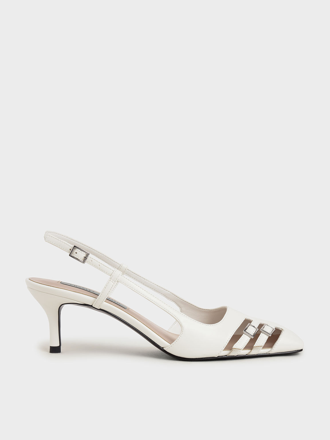 Cut-Out Buckled Slingback Pumps, White, hi-res