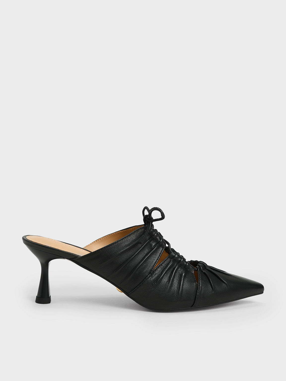 Sepatu Mules Landis Leather Ruched Bow-Tie, Black, hi-res