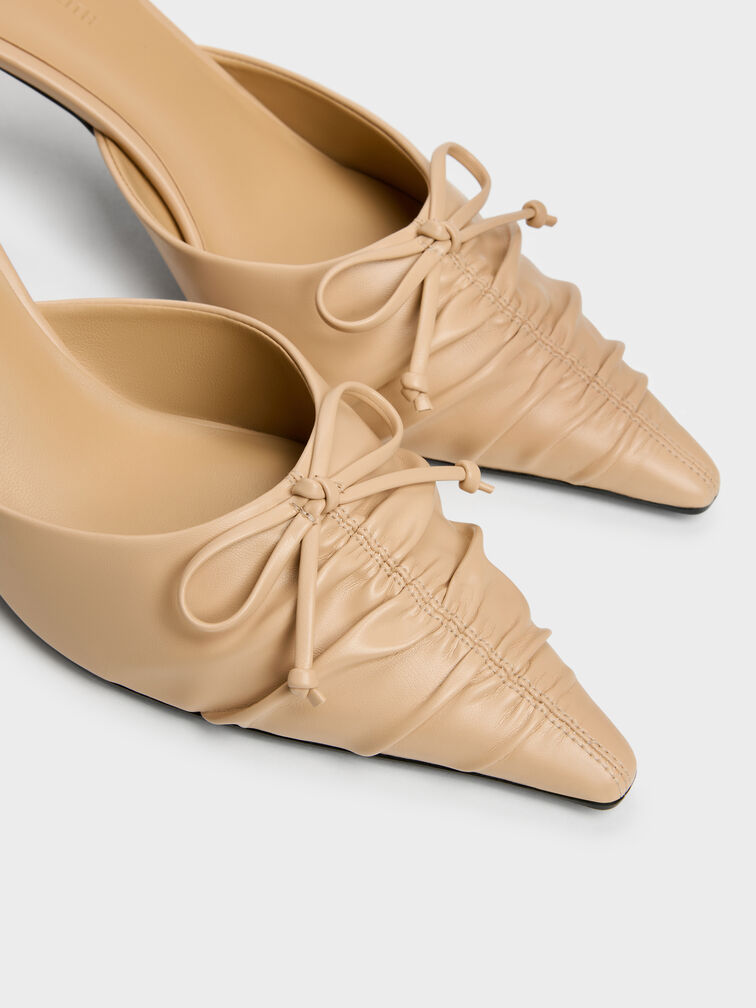 Ruched Bow Pointed Heeled Mules, Sand, hi-res
