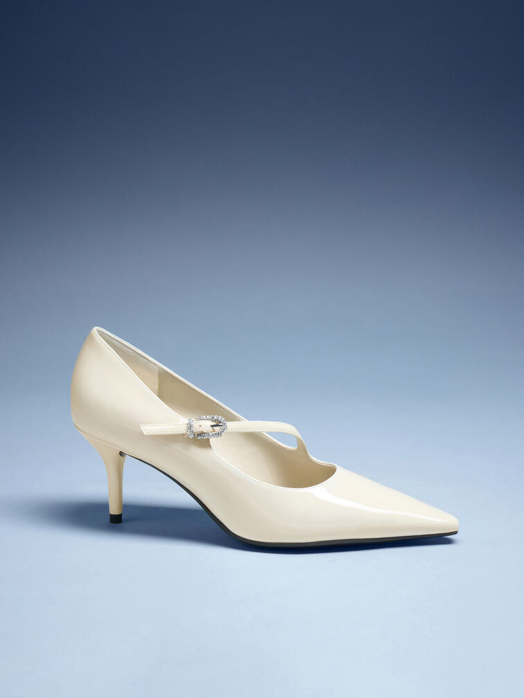 Sepatu Pumps Asymmetric-Strap Patent, Chalk, hi-res