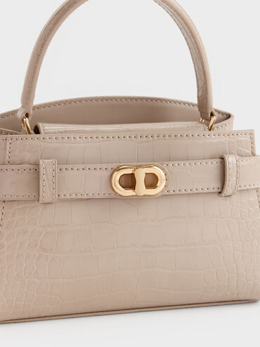 Tas Top Handle Belted Croc-Effect Aubrielle, Taupe, hi-res
