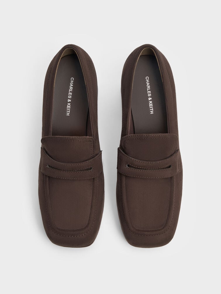 Faux Suede Platform Block-Heel Loafer Pumps, Dark Brown Textured, hi-res