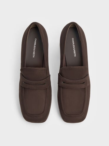 Sepatu Pumps Loafer Platform Block-Heel Faux Suede, Dark Brown Textured, hi-res