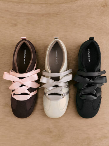 Silko Faux Suede Satin-Lace Ballet Sneakers, Dark Brown Textured, hi-res