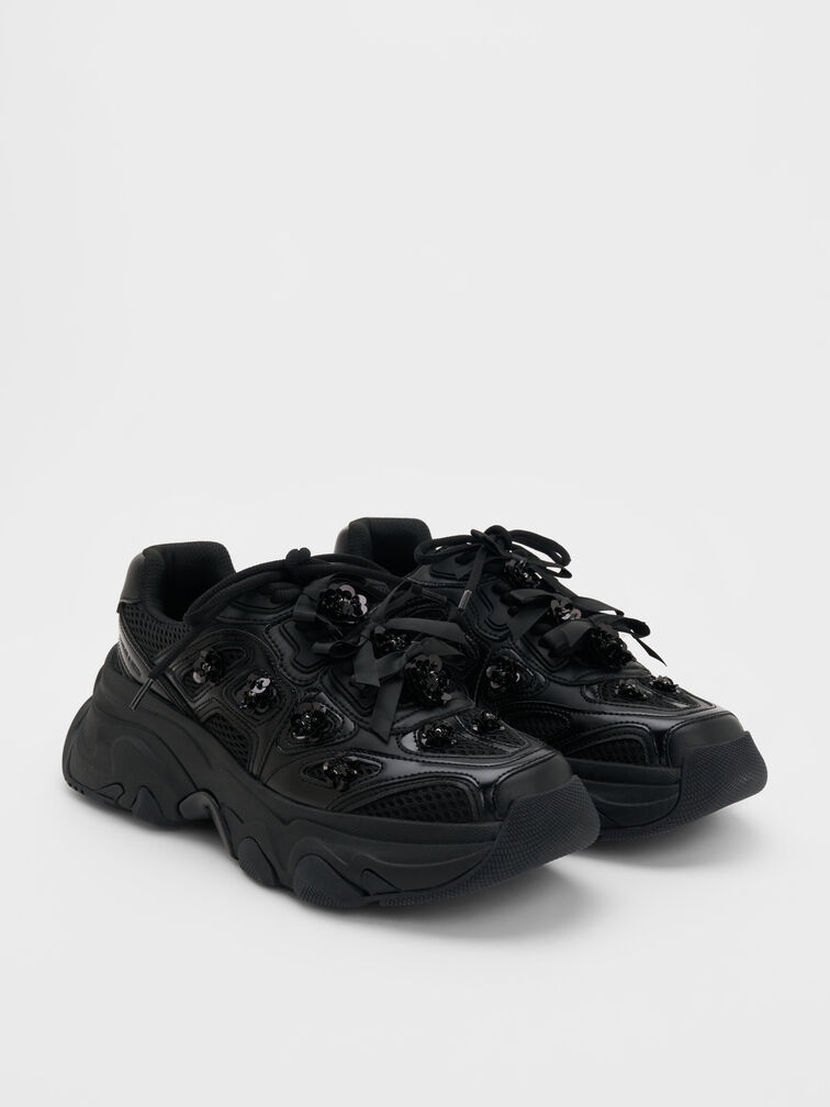 Sneakers Chunky Flower-Embellished Gaskell, Black, hi-res
