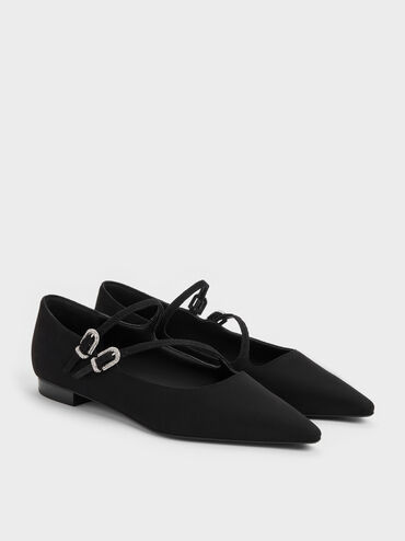 Sepatu Mary Jane Double-Strap Crystal-Buckle Faux Suede, Black Textured, hi-res