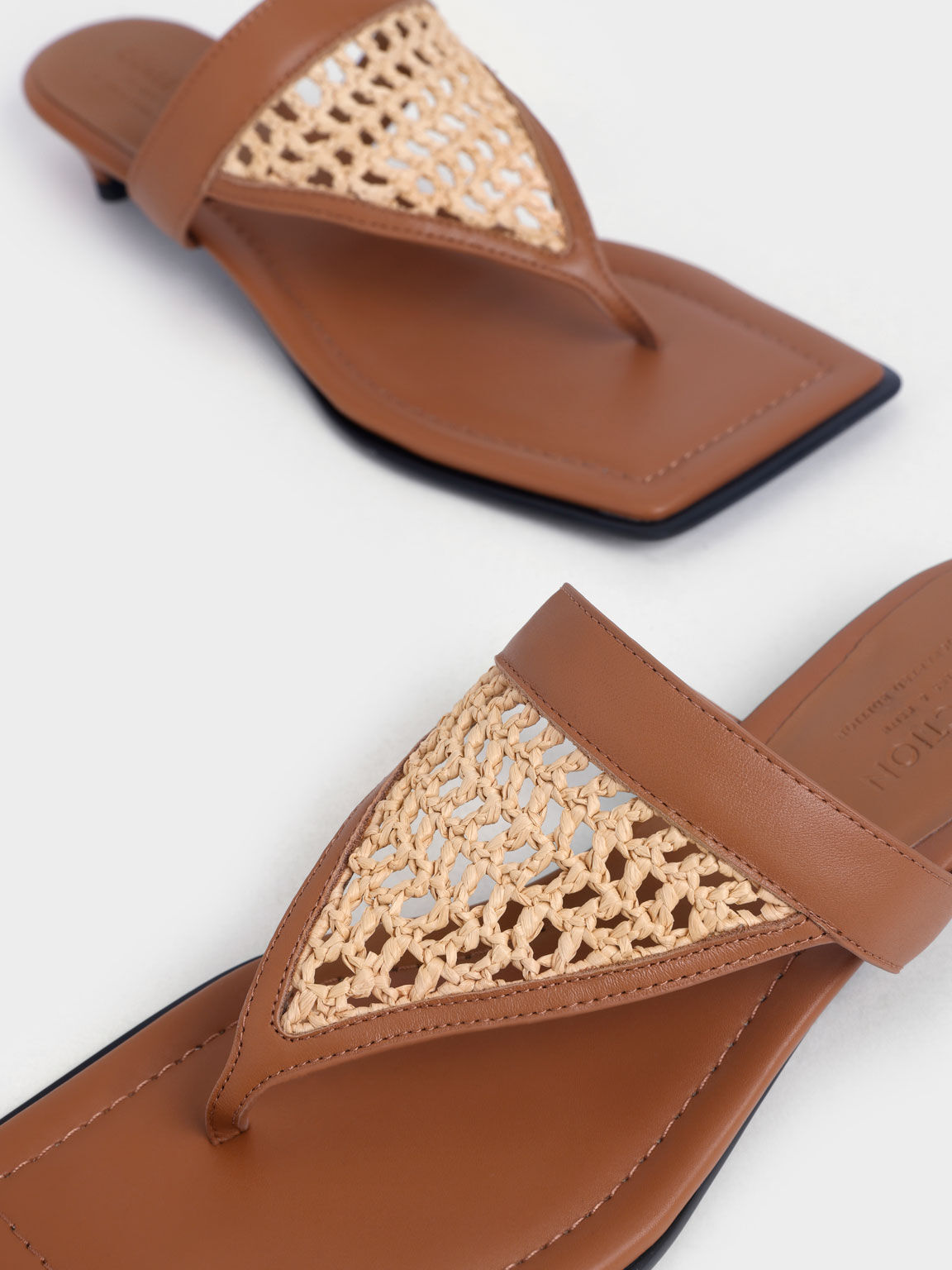 Sandal Thong Leather & Raffia Kitten Heel, Brown, hi-res
