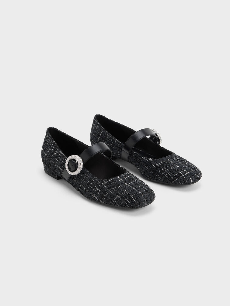 Sepatu Flats Mary Janes Tweed Crystal-Embellished Buckle, Multi, hi-res