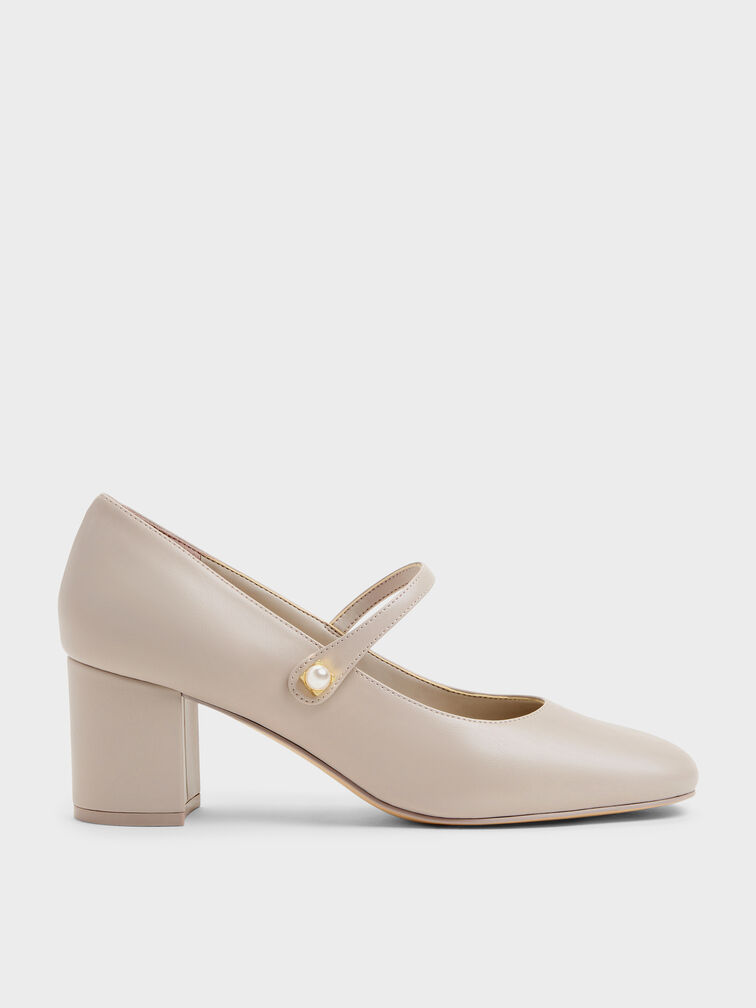 Sepatu Pumps Mary Jane Pearl Marie, Taupe, hi-res