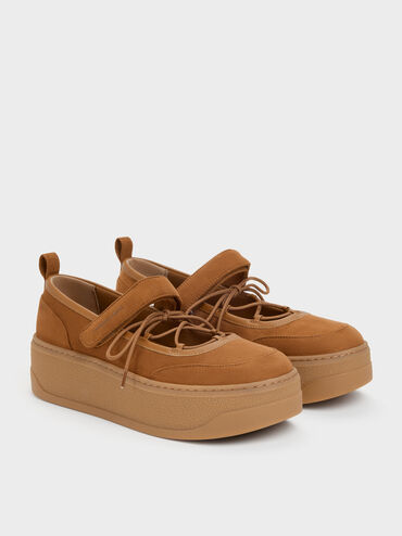 Faux Suede Mary Jane Platform Sneakers, Cognac, hi-res