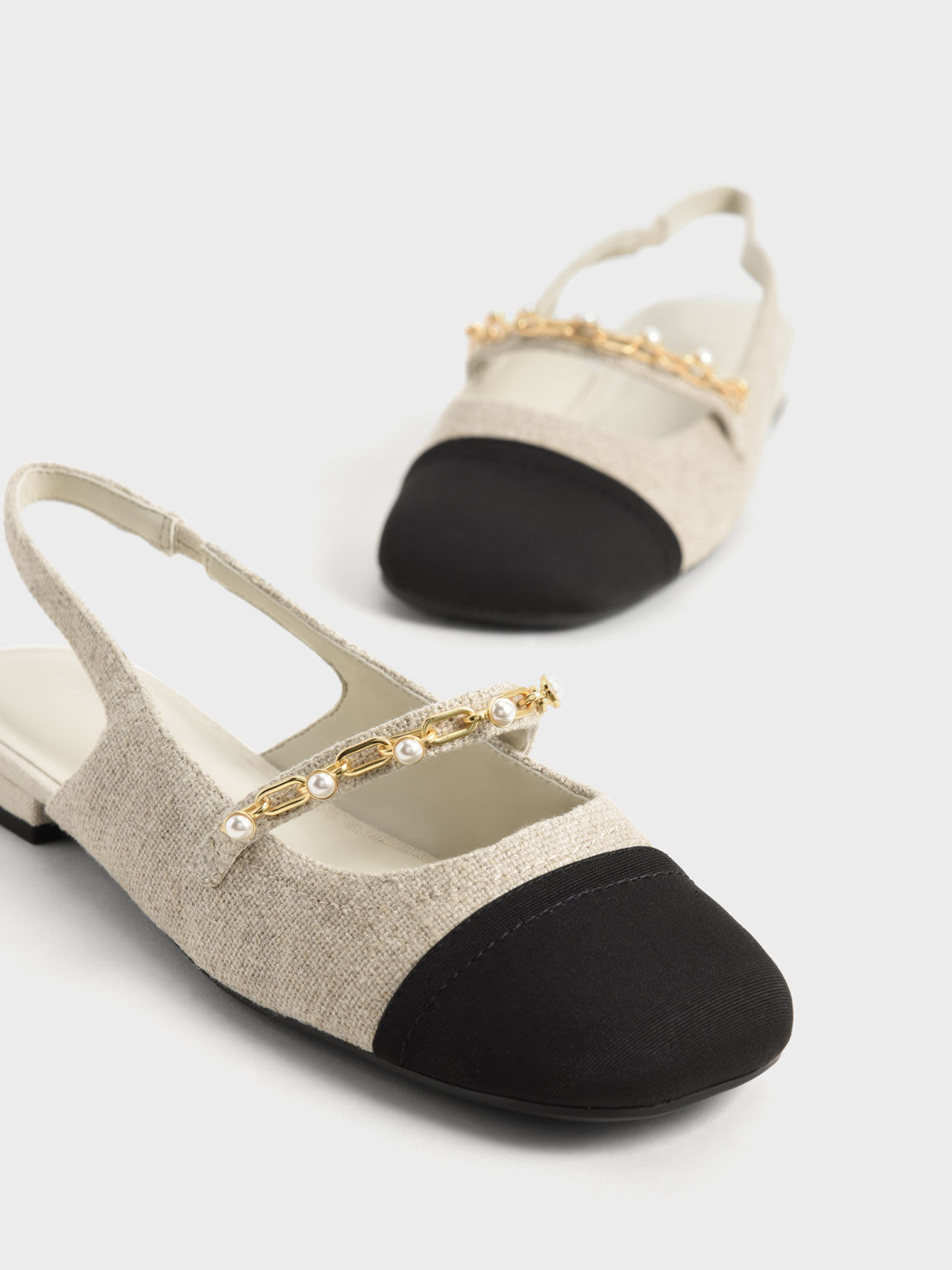 Sepatu Slingback Mary Janes Beaded Chain Link Linen & Grosgrain, Beige, hi-res