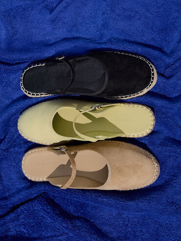 Sepatu Espadrilles Mary Jane Slip-On Faux Suede, Black Textured, hi-res