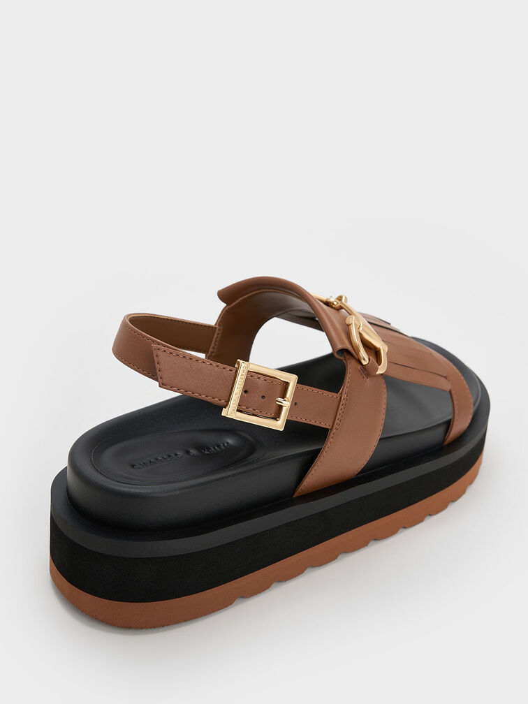 Horsebit & Fringe Platform Sandals, Brown, hi-res