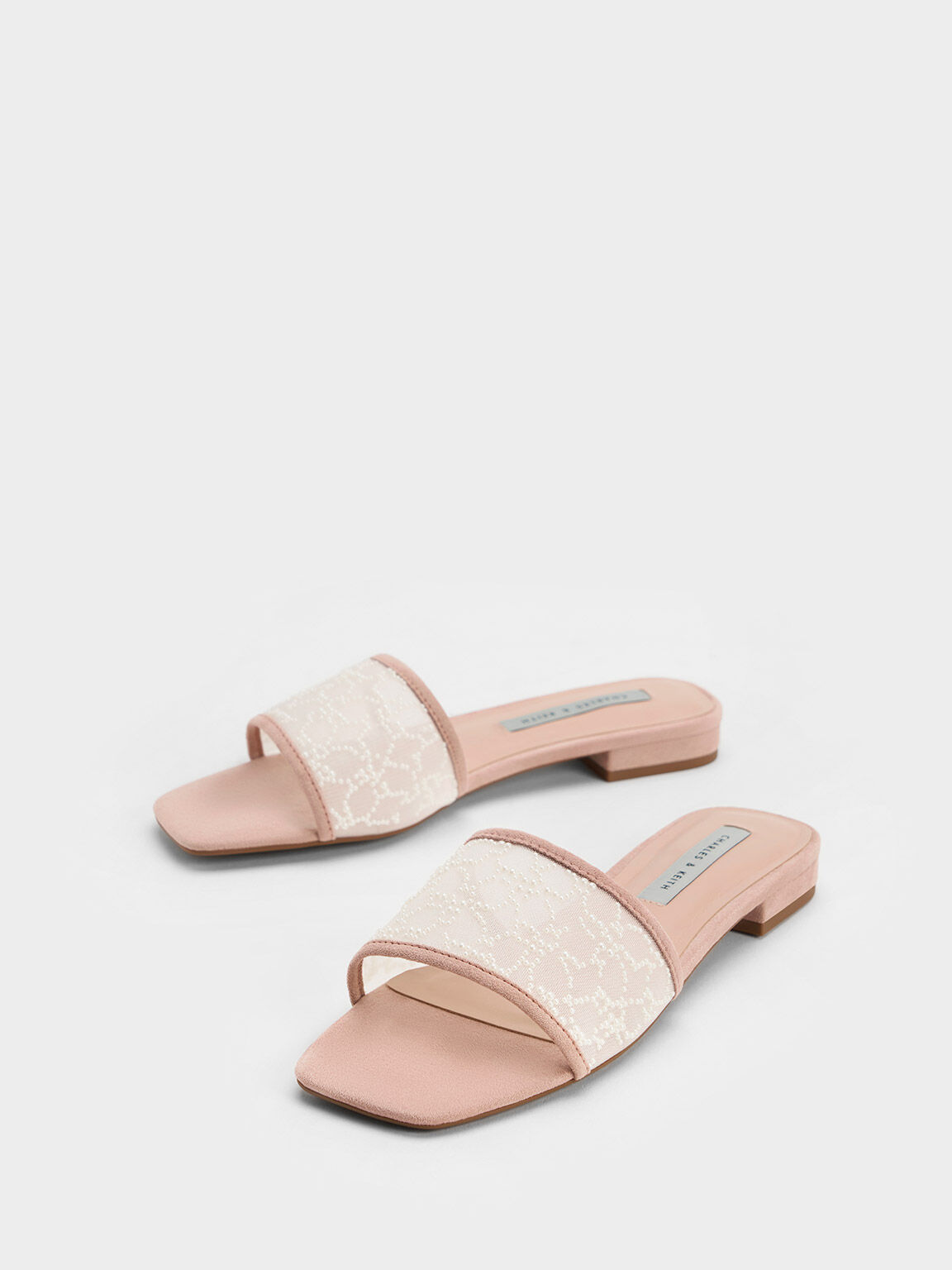 Sandal Flat Bead-Embellished Mesh, Nude, hi-res