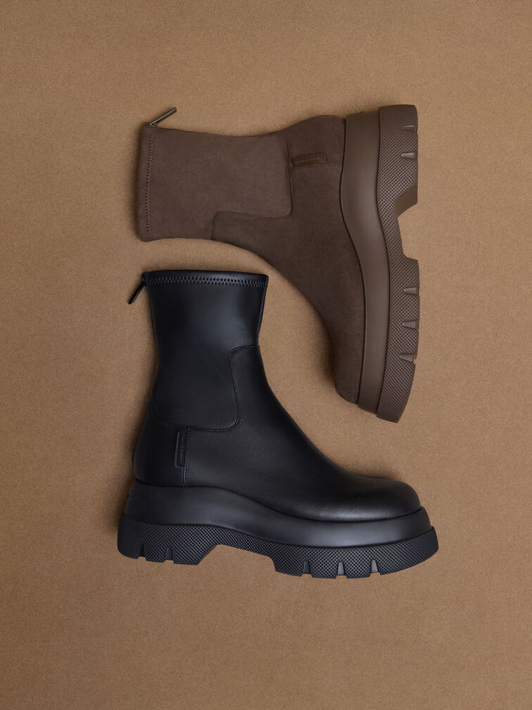 Sepatu Ankle Boots Chunky Back-Zip Leoi Faux Suede, Dark Brown Textured, hi-res