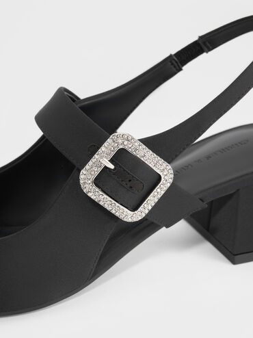 Sepatu Slingback Pumps Block-Heel Crystal-Buckle Satin, Black Textured, hi-res