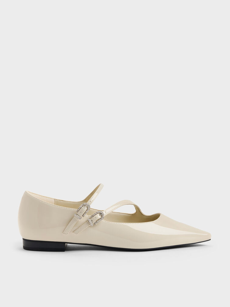 Sepatu Mary Jane Double-Strap Crystal-Buckle Patent, Chalk, hi-res