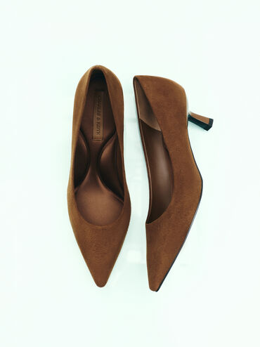 Sepatu Pumps Kitten Heel Pointed Emmy Textured, Cognac, hi-res