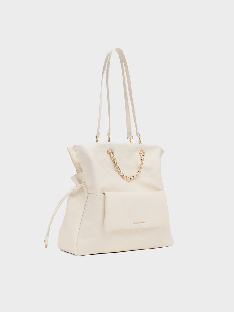 Tas Ransel Two-Way Drawstring Braided-Strap Quilted Duo, Cream, hi-res
