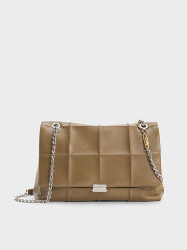 Large Delfina Quilted Chain-Strap Shoulder Bag, Walnut Brown, hi-res