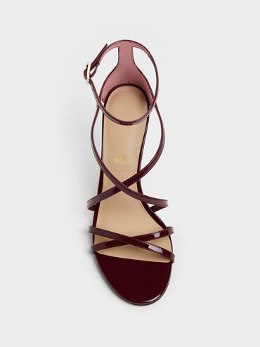 Sandal Stiletto Strappy Leather Patent, Burgundy, hi-res