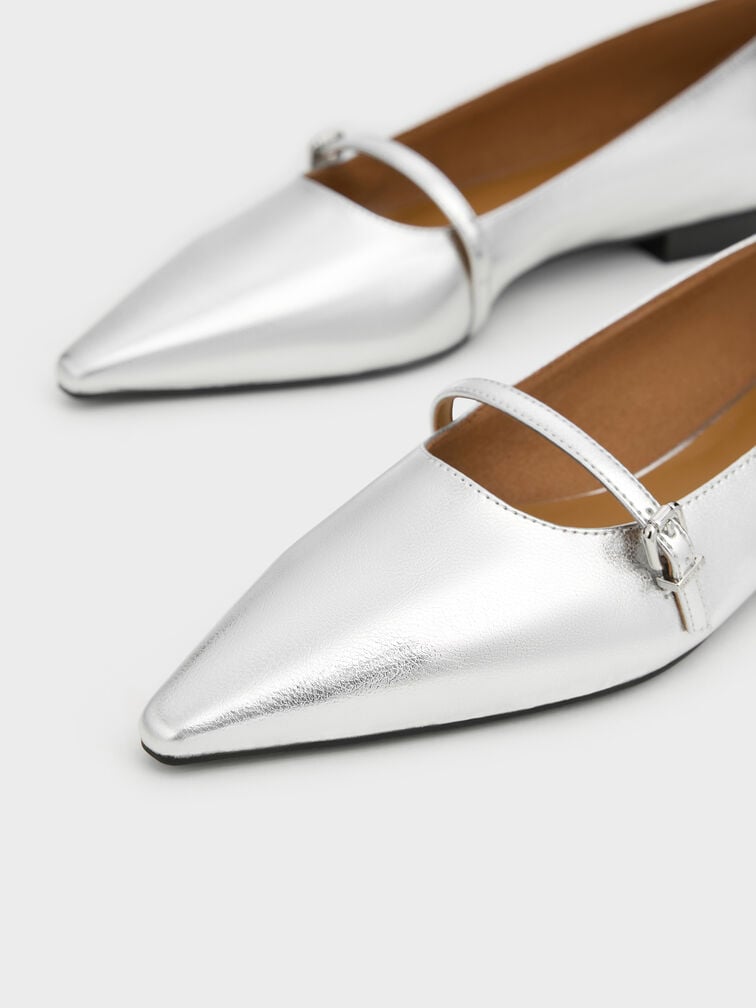 Metallic Pointed Ballet Flats, Silver, hi-res